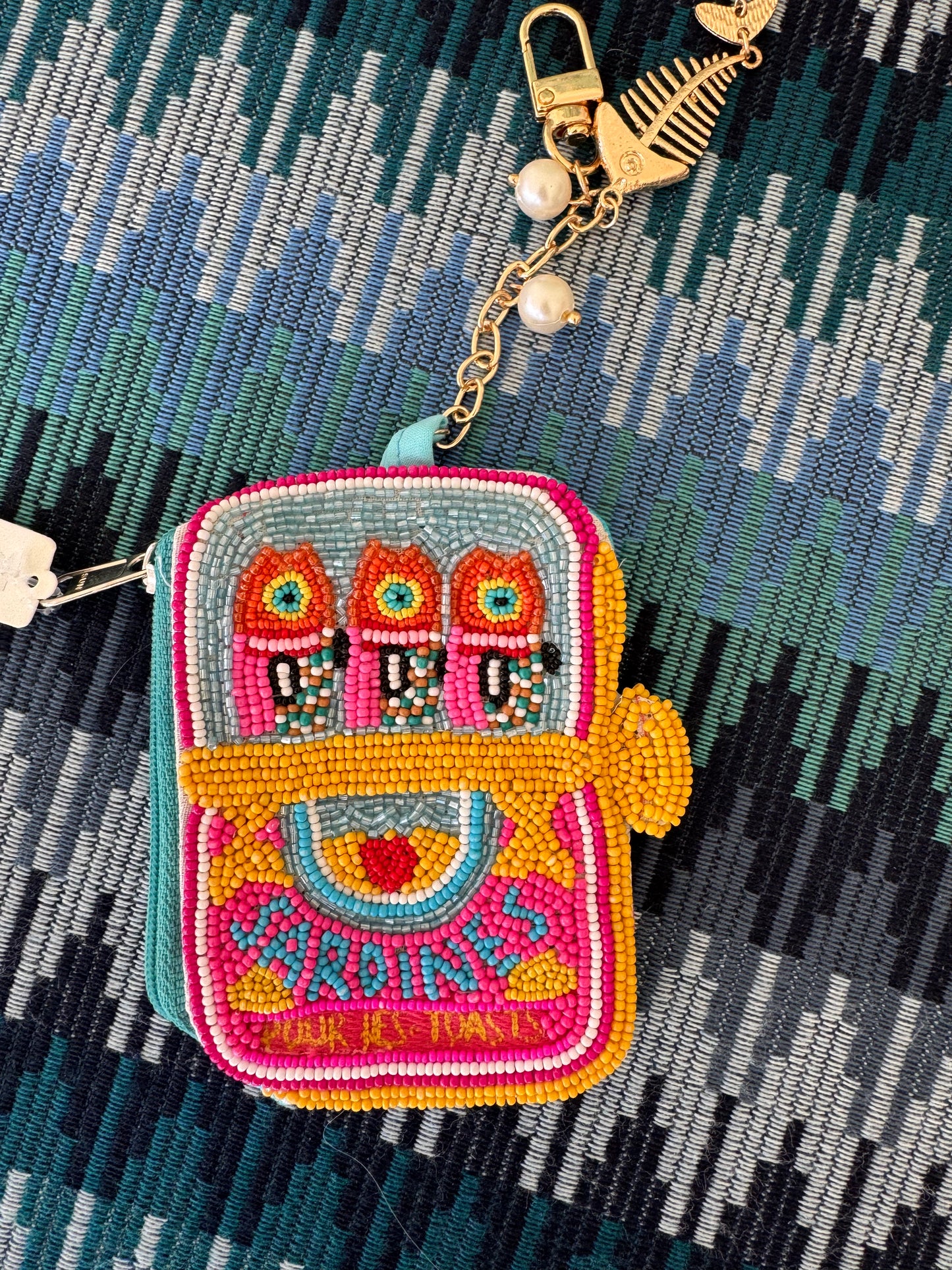 Fishbone Pearl Charm Keychain Sardine Can Beaded Mini Pouch