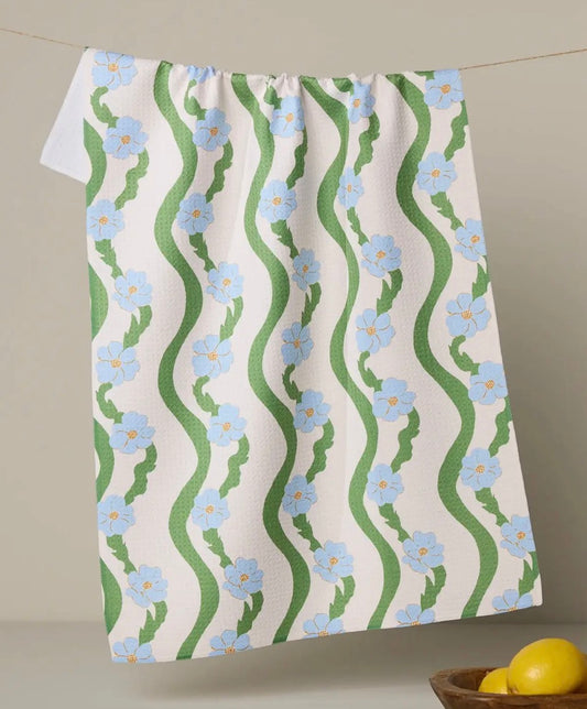 Blue and green floral geometry tea towel