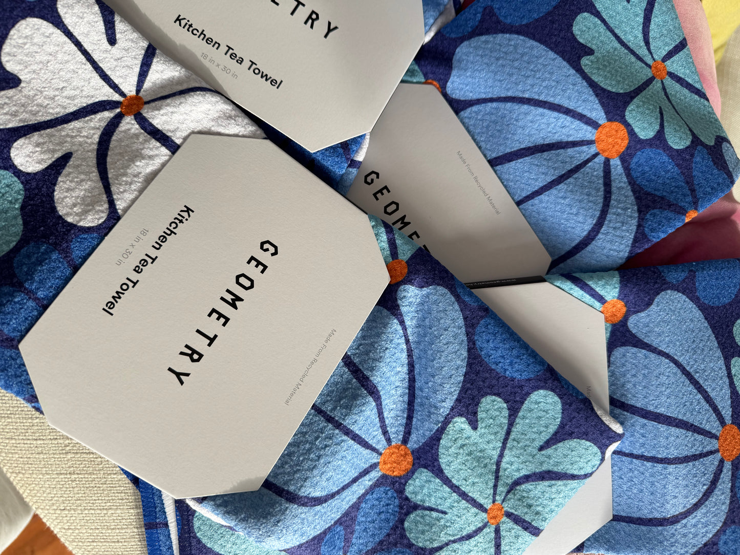 Happy Blue geometry tea towel