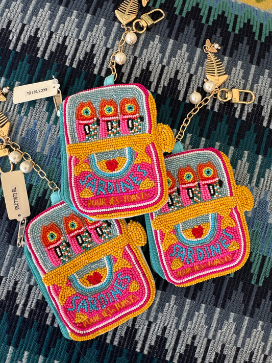 Fishbone Pearl Charm Keychain Sardine Can Beaded Mini Pouch