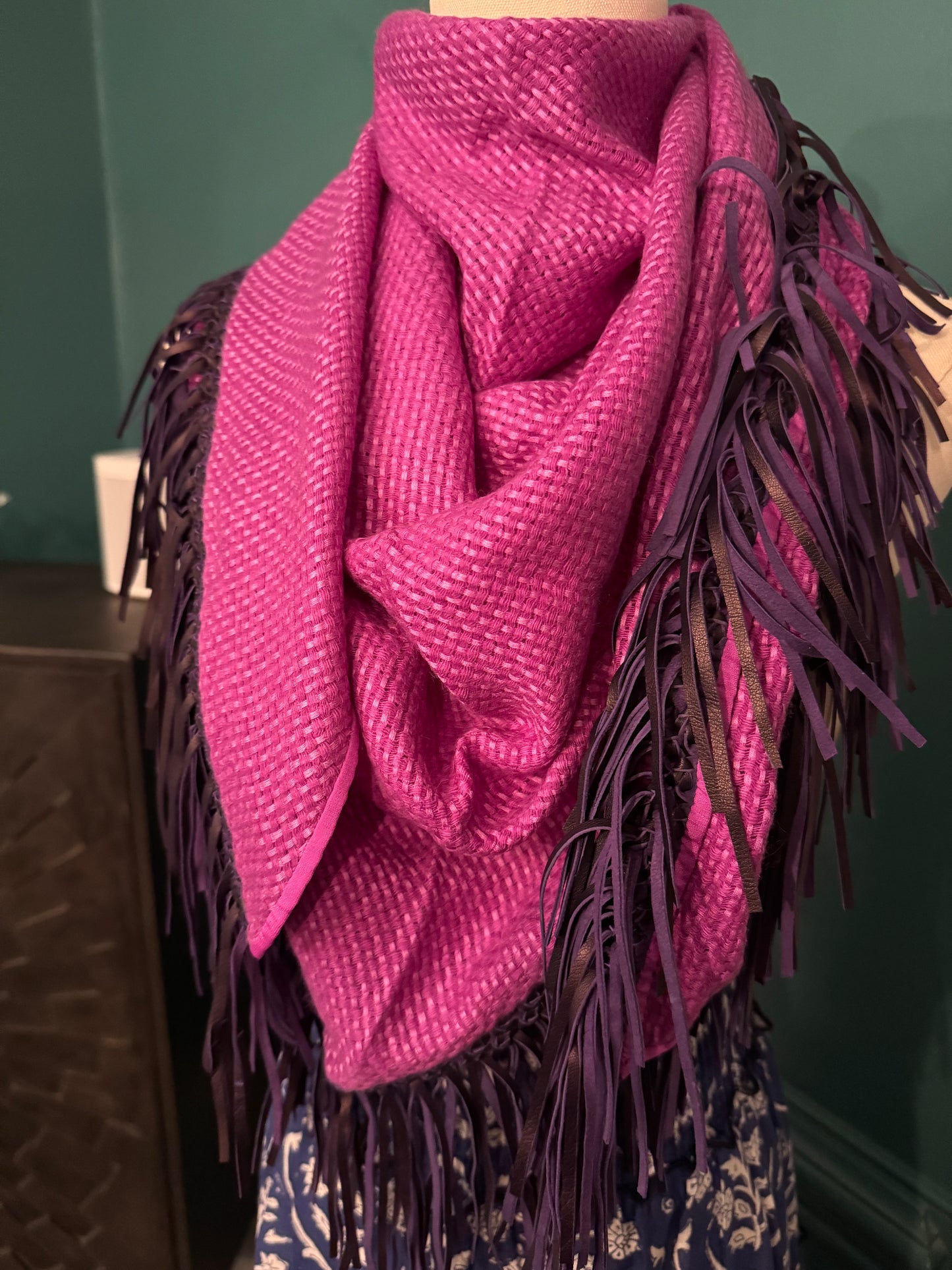 Bajra Cashmere Silk and Leather Fringe Scarf- Purple