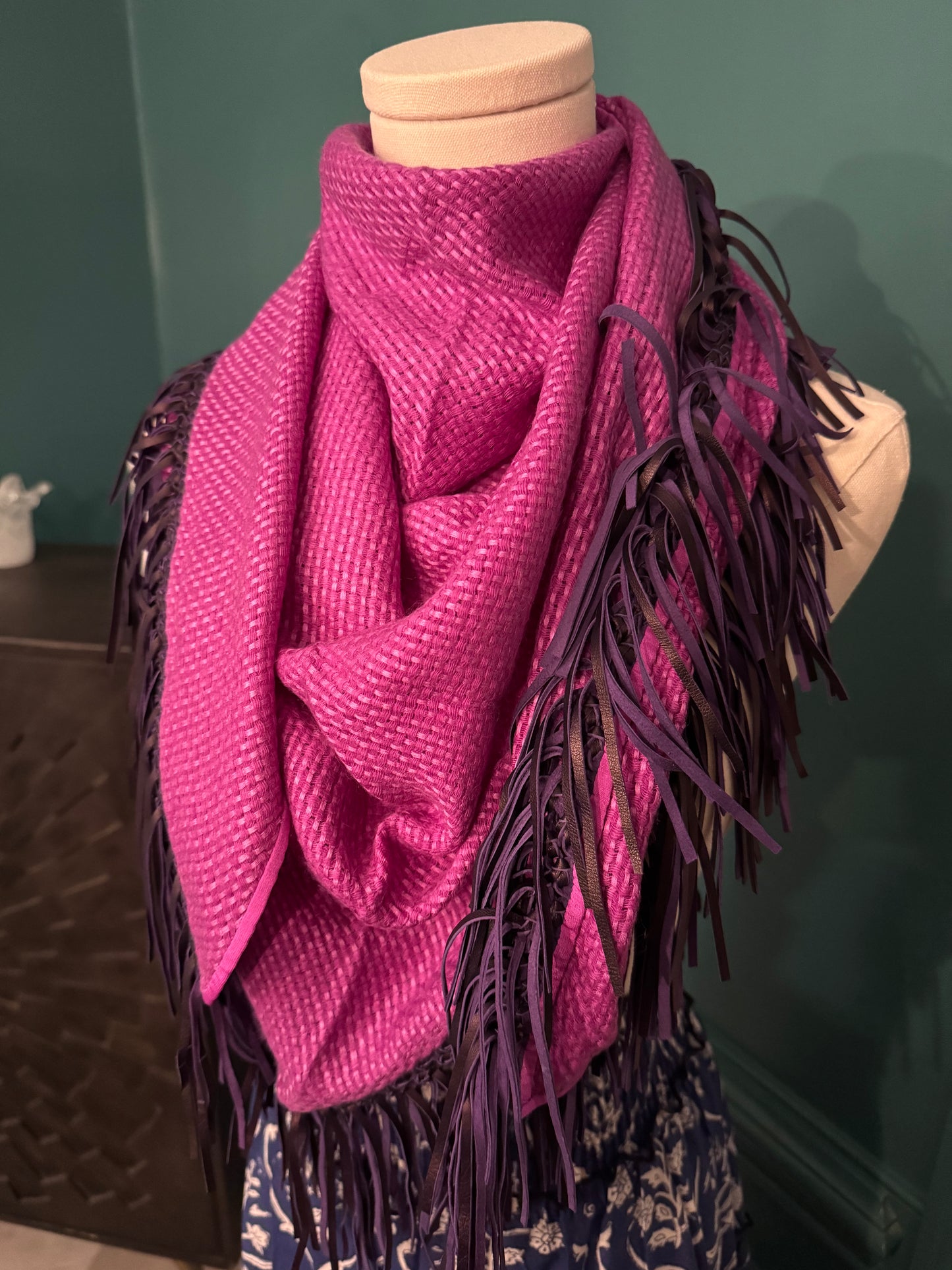 Bajra Cashmere Silk and Leather Fringe Scarf- Purple