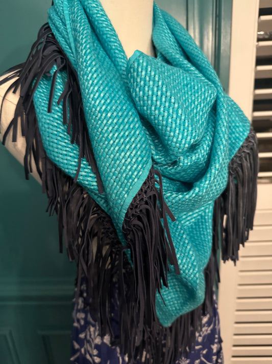 Bajra Cashmere Silk and Leather Fringe Scarf- Teal