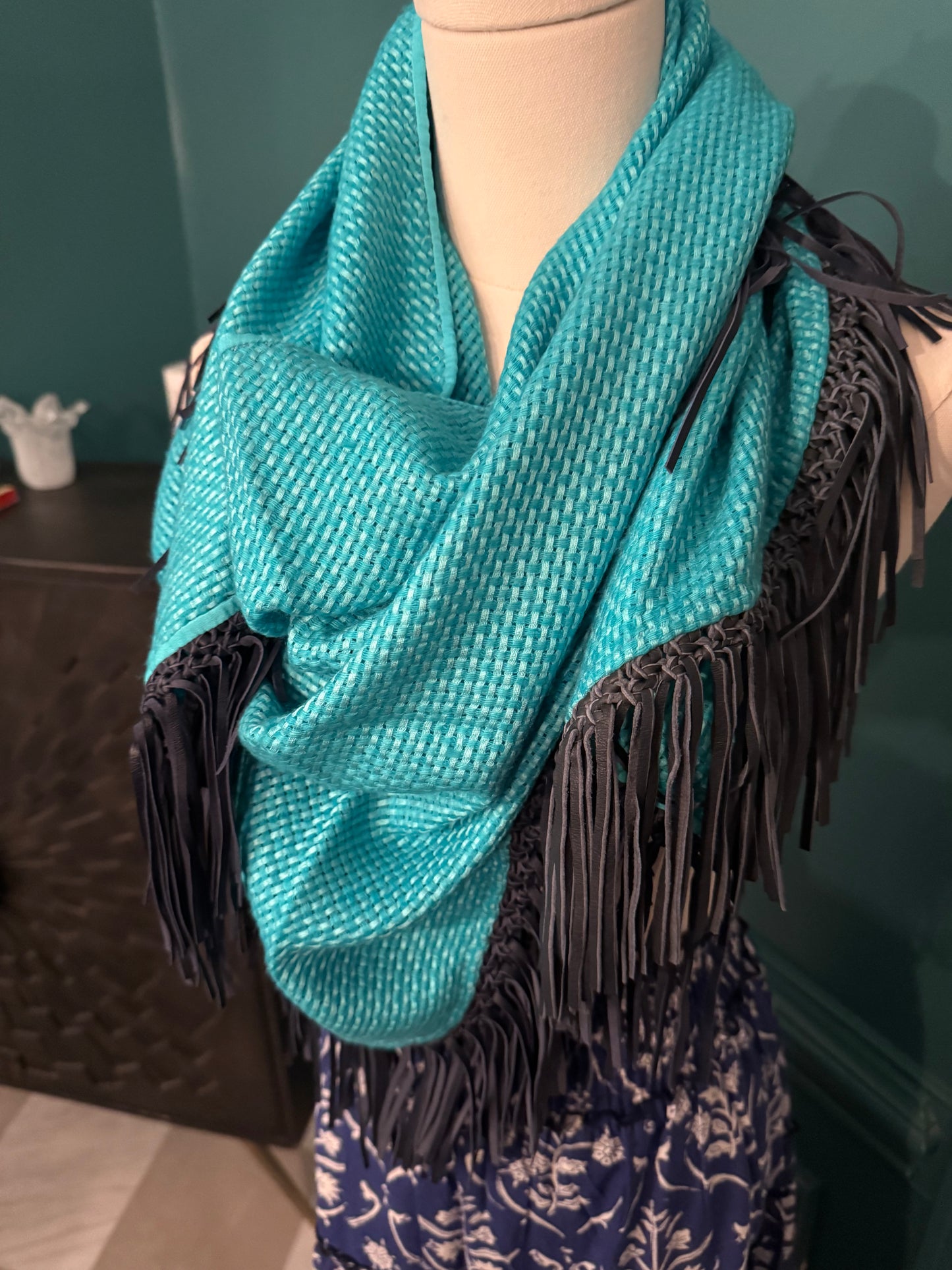 Bajra Cashmere Silk and Leather Fringe Scarf- Teal