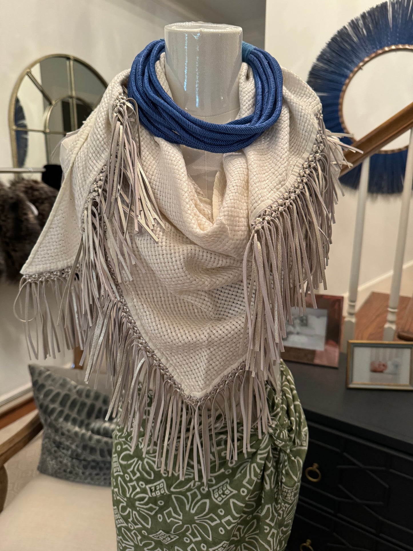 Cashmere Silk and Leather Fringe Scarf